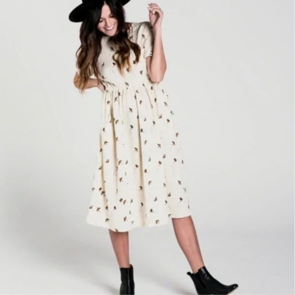 Rylee + Cru Cream Midi Dress with Small Brown Bird Print